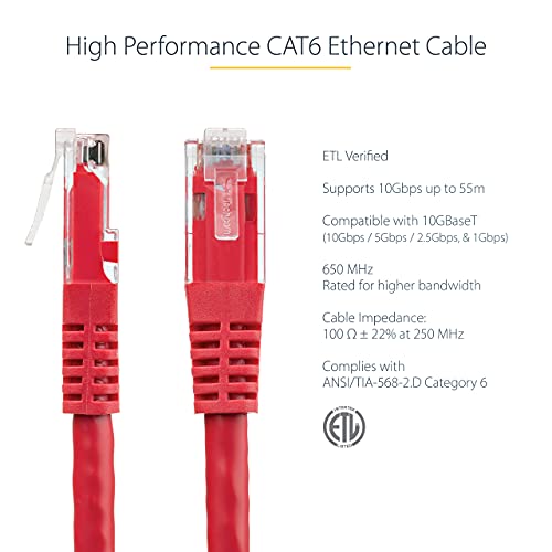 StarTech.com 20ft CAT6 Ethernet Cable - Red CAT 6 Gigabit Ethernet Wire -650MHz 100W PoE++ RJ45 UTP Molded Category 6 Network/Patch Cord w/Strain Relief/Fluke Tested UL/TIA Certified (C6PATCH20RD) - Image 3