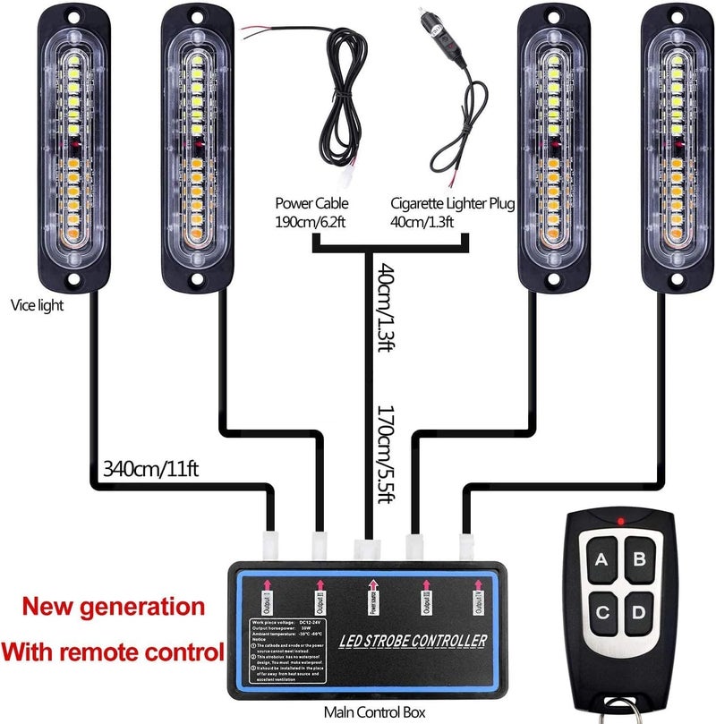 EASE2U E Led Warning Lights, 4pcs Emergency Warning Caution Hazard Construction Ultra Slim Sync Feature Car Truck with Main Control Box Surface Mount (White Red) - Image 2