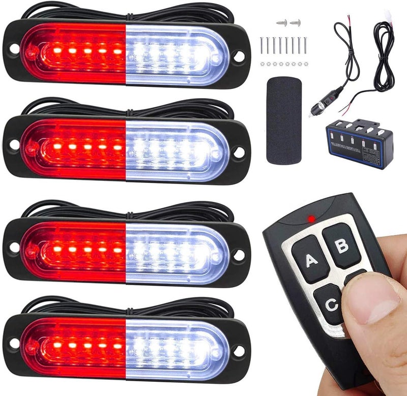 EASE2U E Led Warning Lights, 4pcs Emergency Warning Caution Hazard Construction Ultra Slim Sync Feature Car Truck with Main Control Box Surface Mount (White Red) - Image 1