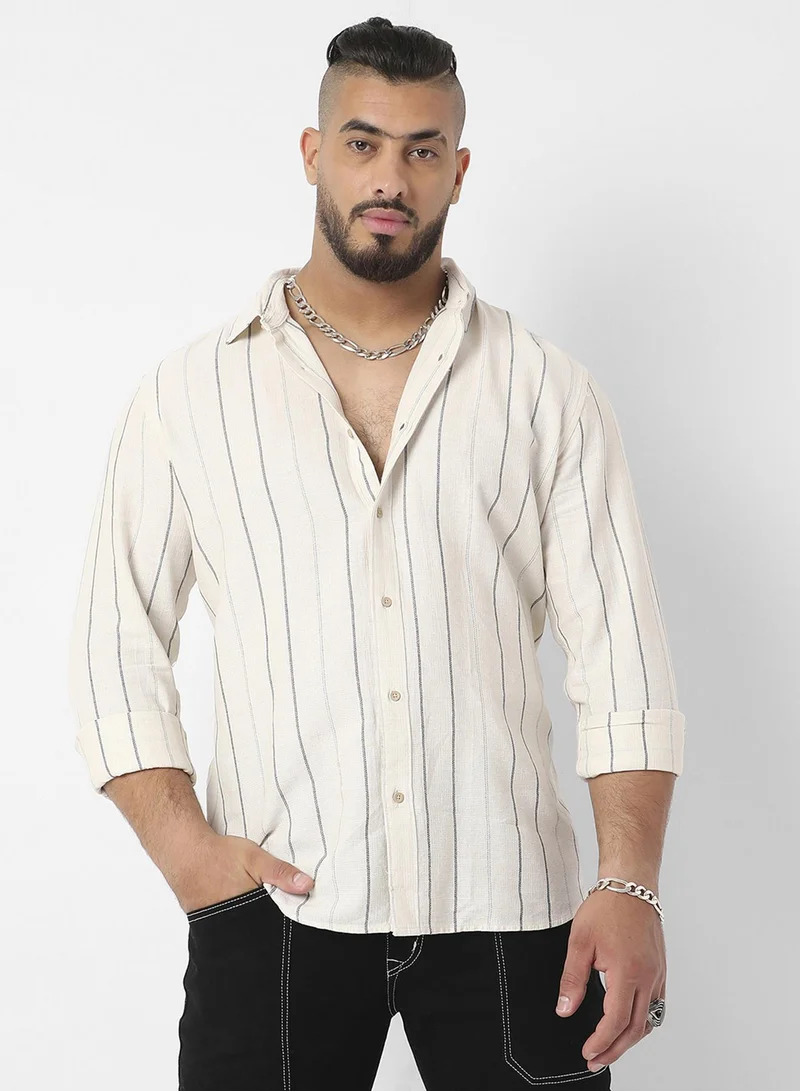 Instafab Plus Instafab Plus Men's Beige Contrast Pinstriped Shirt For Casual Wear | Spread Collar | Long Sleeve | Button Closure | Cotton Viscose Shirt Crafted With Comfort Fit For Everyday Wear