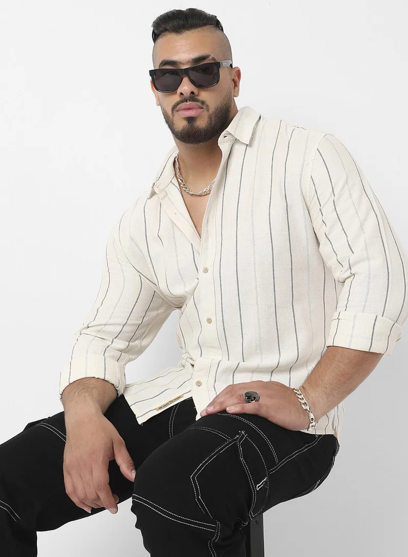 Instafab Plus Instafab Plus Men's Beige Contrast Pinstriped Shirt For Casual Wear | Spread Collar | Long Sleeve | Button Closure | Cotton Viscose Shirt Crafted With Comfort Fit For Everyday Wear