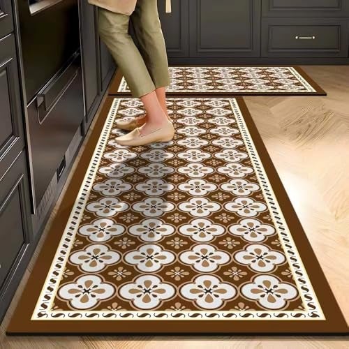 Royser Non-Slip Kitchen Runner Rug Set of 2 | Waterproof Washable Floor Mats for Kitchen, Sink & Laundry | Absorbent Anti-Fatigue Cushioned Standing Mats | Durable Vintage Brown Floral Design - Image 1