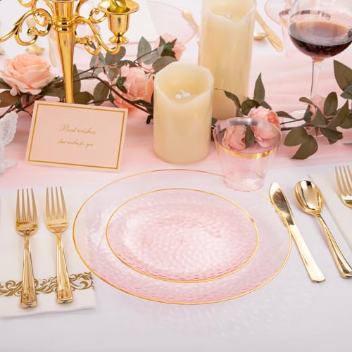 Rubtlamp 175 Pcs Pink Plastic Plates Dinnerware Set (25 Guests), Pink Disposable Plates With Gold Rim, Hammered Party Platos Set Include Dinner Plates, Dessert Plates, Cups, Cutlery for Party - Image 5