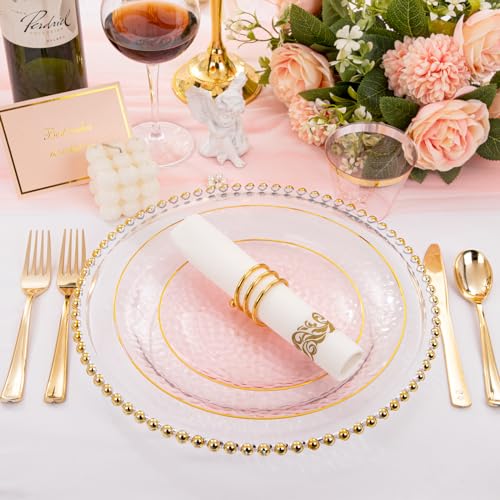 Rubtlamp 175 Pcs Pink Plastic Plates Dinnerware Set (25 Guests), Pink Disposable Plates With Gold Rim, Hammered Party Platos Set Include Dinner Plates, Dessert Plates, Cups, Cutlery for Party - Image 3