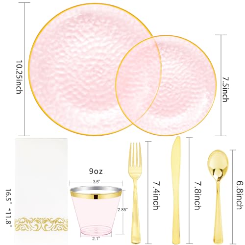 Rubtlamp 175 Pcs Pink Plastic Plates Dinnerware Set (25 Guests), Pink Disposable Plates With Gold Rim, Hammered Party Platos Set Include Dinner Plates, Dessert Plates, Cups, Cutlery for Party - Image 2