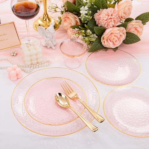 Rubtlamp 175 Pcs Pink Plastic Plates Dinnerware Set (25 Guests), Pink Disposable Plates With Gold Rim, Hammered Party Platos Set Include Dinner Plates, Dessert Plates, Cups, Cutlery for Party - Image 4