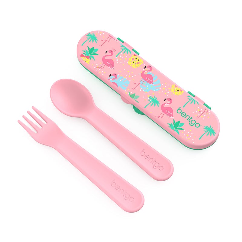 Bentgo Kids Utensil Set - Reusable Plastic Fork, Spoon & Storage Case - BPA-Free Materials, Easy-Grip Handles, Dishwasher Safe - Ideal for School Lunch, Travel, & Outdoors (Tropical) - Image 1