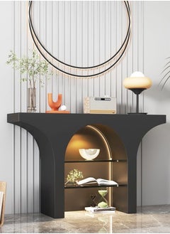 fashionhome Classic Dome Shape Design Solid Wood Console Table 3 Tiers Storage Glass Shelves Entryway Table Display Table Storage Shelves with Decoration Lights Pedestal for Foyer Living Room Home Offices 100x25x85 cm  - Image 1