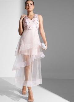 V-Neck Embroidered Mesh Dress