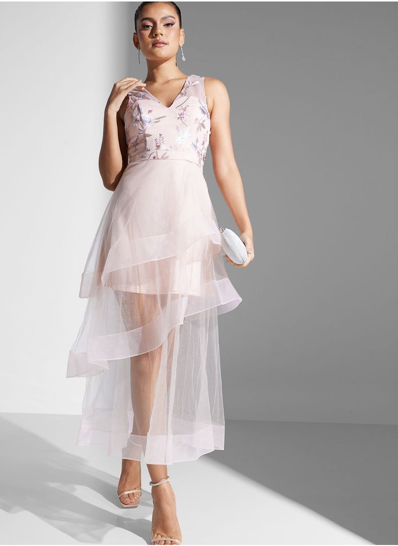 Chi-Chi London - V-Neck Embroidered Mesh Dress - Image 1