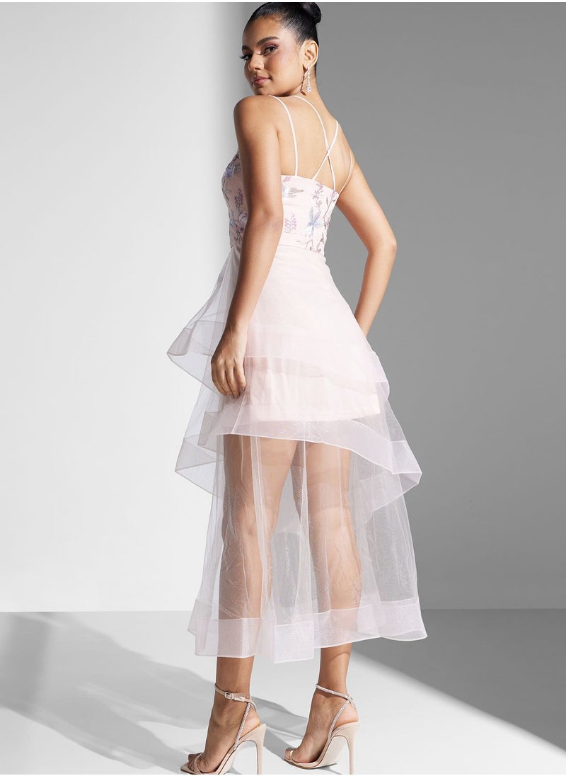 Chi-Chi London - V-Neck Embroidered Mesh Dress - Image 1