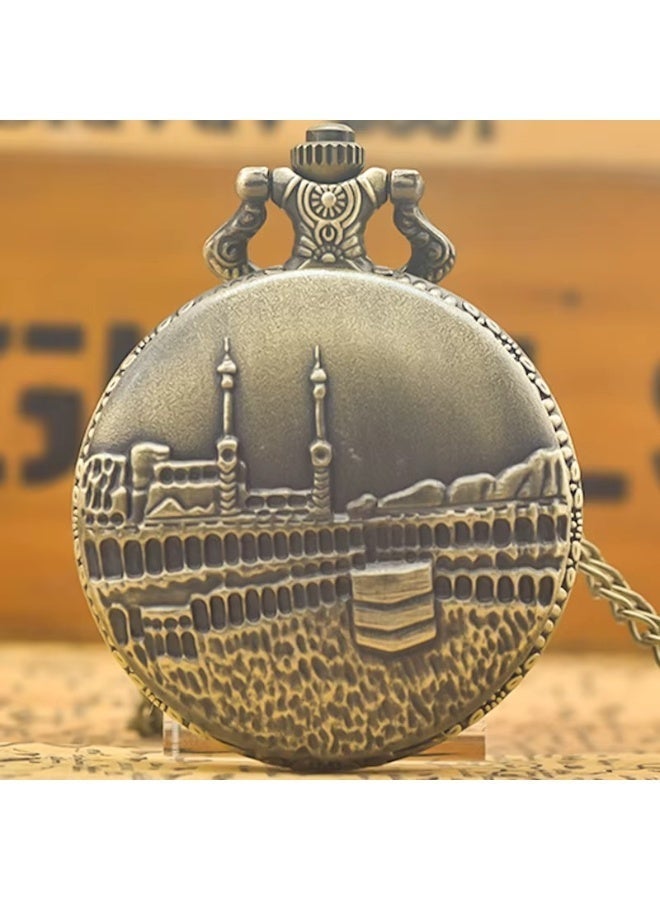 Vintage Pocket Watch Necklace with Arabic Numerals – Quartz Pendant Watch with Mosque Engraved Cover, Classic Chain Watch for Men & Women (Antique Gold) - Image 1