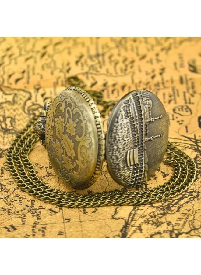 Vintage Pocket Watch Necklace with Arabic Numerals – Quartz Pendant Watch with Mosque Engraved Cover, Classic Chain Watch for Men & Women (Antique Gold) - Image 3