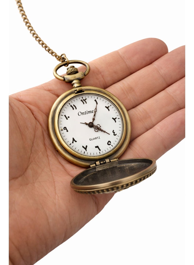 Vintage Pocket Watch Necklace with Arabic Numerals – Quartz Pendant Watch with Mosque Engraved Cover, Classic Chain Watch for Men & Women (Antique Gold) - Image 2