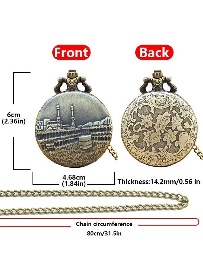 Vintage Pocket Watch Necklace with Arabic Numerals – Quartz Pendant Watch with Mosque Engraved Cover, Classic Chain Watch for Men & Women (Antique Gold) - Image 4