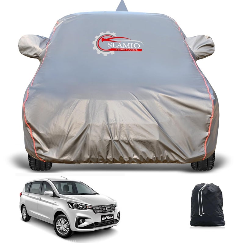 Slamio Heavy-Duty Car Body Cover for Maruti Suzuki Ertiga (2012-2017) | Waterproof, Dustproof, UV Protection, Custom Fit, Heavy Belt & Buckle with Mirror & Antenna Pocket | Dark Grey - Image 1
