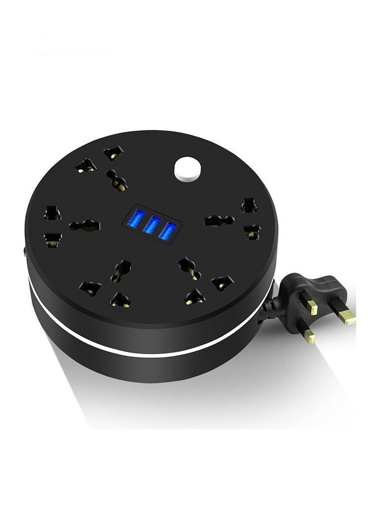 Power Strip, 5 Outlets and 3 USB Ports 2m Extension Cord, Round Socket Overload Surge Protector, 100% Copper Core, Mini Plug Charging Station, Compact for Office, Home, Travel (Black) - Image 1