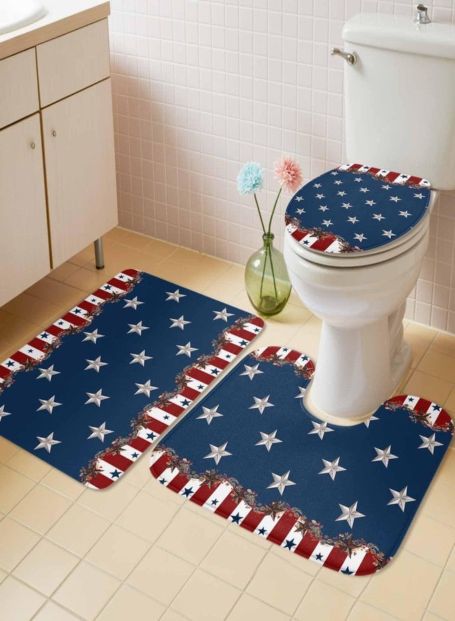 LooPoP 4th of July Bathroom Rugs and Mats Sets 3 Piece Patriotic Star Stripes Bath Sets Non Slip Bath Rug Set with U Shape Rug Rustic Red Blue Contour Toilet Rug for Bathroom Floor Small Size - Image 3
