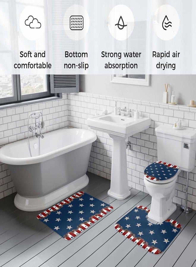 LooPoP 4th of July Bathroom Rugs and Mats Sets 3 Piece Patriotic Star Stripes Bath Sets Non Slip Bath Rug Set with U Shape Rug Rustic Red Blue Contour Toilet Rug for Bathroom Floor Small Size - Image 5
