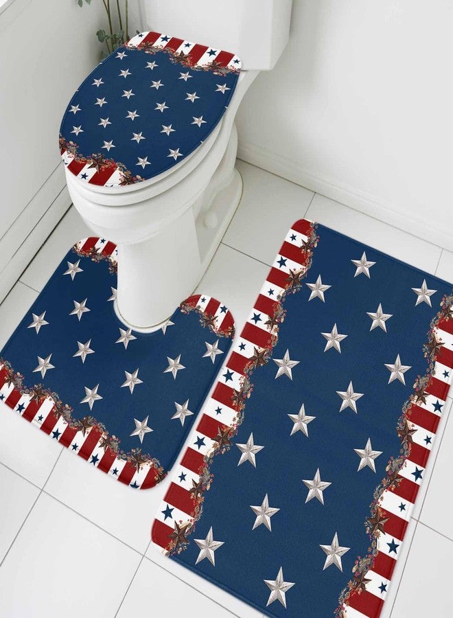 LooPoP 4th of July Bathroom Rugs and Mats Sets 3 Piece Patriotic Star Stripes Bath Sets Non Slip Bath Rug Set with U Shape Rug Rustic Red Blue Contour Toilet Rug for Bathroom Floor Small Size - Image 2
