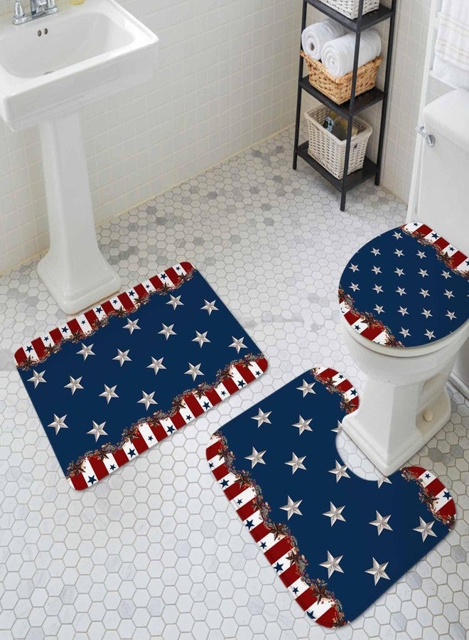 LooPoP 4th of July Bathroom Rugs and Mats Sets 3 Piece Patriotic Star Stripes Bath Sets Non Slip Bath Rug Set with U Shape Rug Rustic Red Blue Contour Toilet Rug for Bathroom Floor Small Size - Image 4