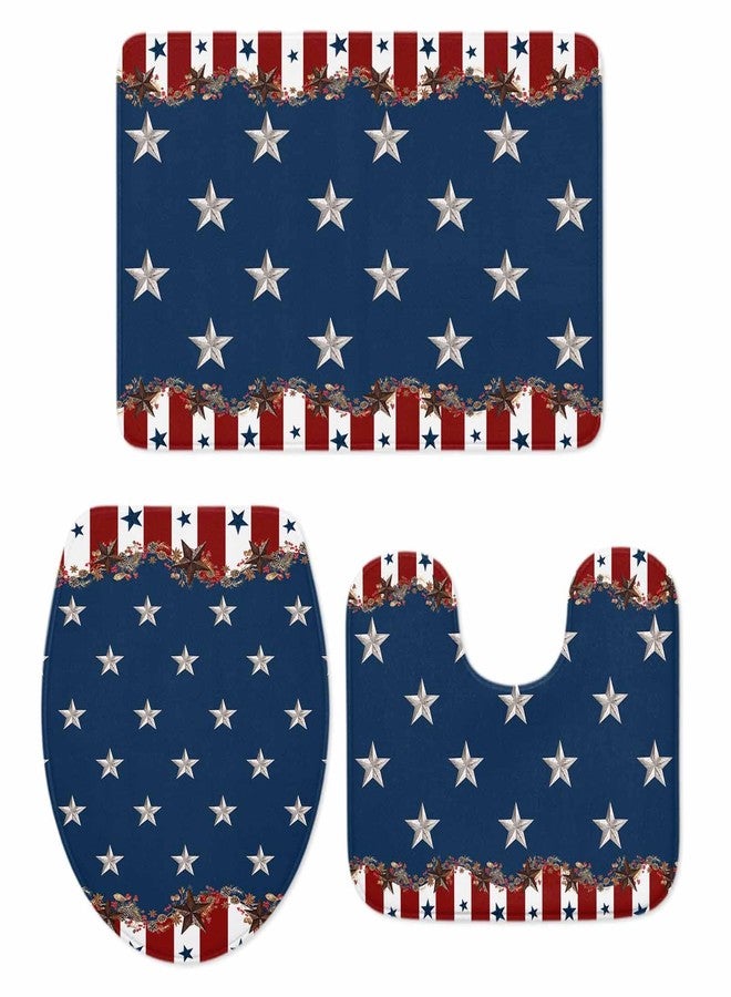 LooPoP 4th of July Bathroom Rugs and Mats Sets 3 Piece Patriotic Star Stripes Bath Sets Non Slip Bath Rug Set with U Shape Rug Rustic Red Blue Contour Toilet Rug for Bathroom Floor Small Size - Image 1