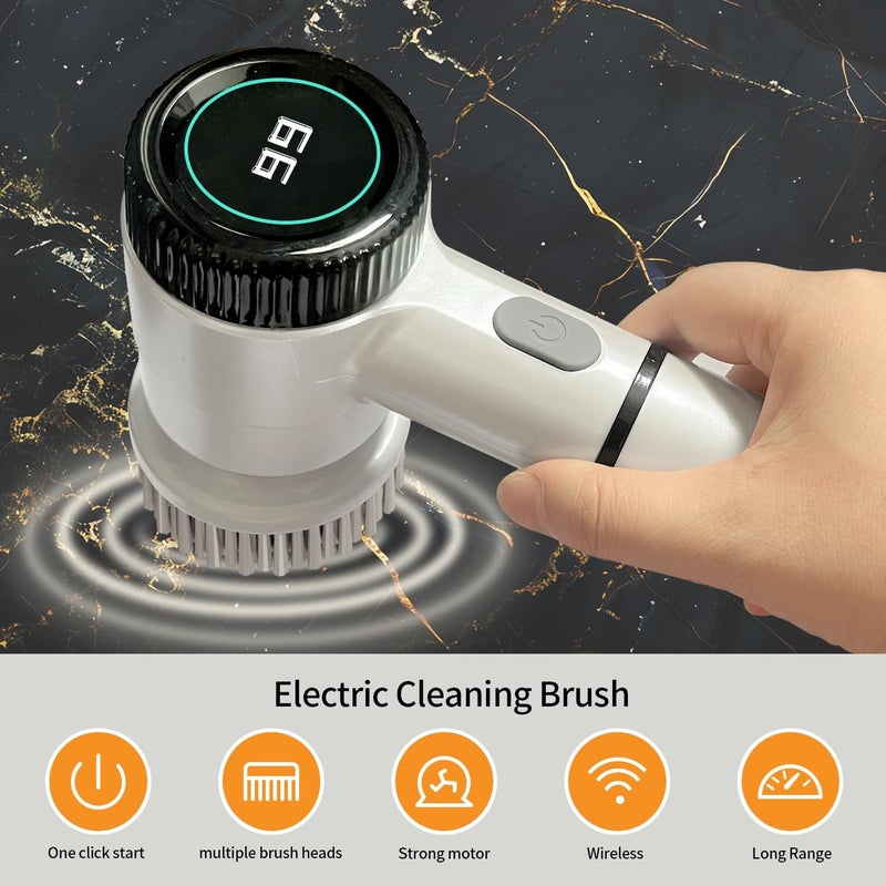 Fitto Electronic Cleaning Brush for Bathroom & Kitchen | LED Display, 5 Brush Heads, 3 Cleaning Modes | Powerful Scrubber for Tough Stains | Multipurpose Cordless Cleaner for Home Surfaces - Image 5