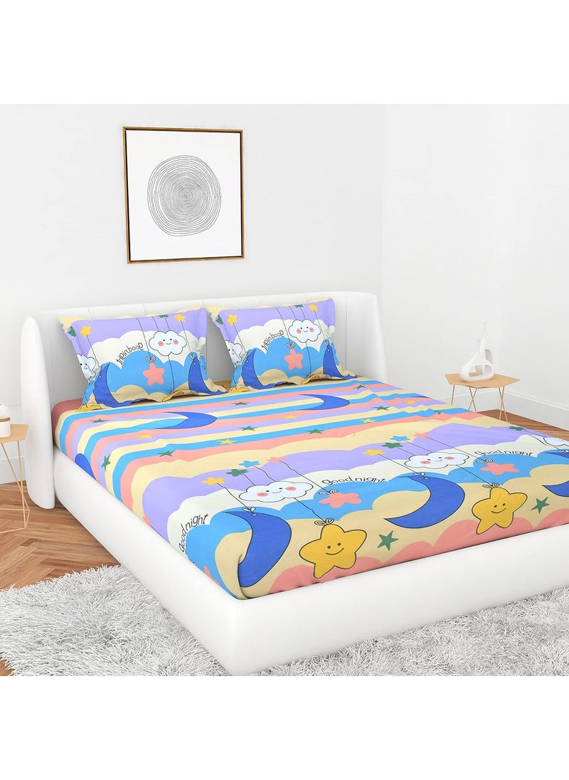 Gleeson Gleeson 244 TC Super Soft Good Nights Print Cotton Feel King Size Bed SheetElastic Fitted Bedsheets KidsGirls Boys Room 72 x 78 x 8 Bedsheet Double Bed 2 Pillow CoversMoon Stars Fitted Sheets  - Image 1