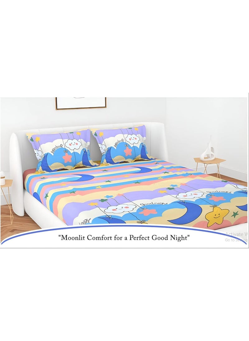 Gleeson Gleeson 244 TC Super Soft Good Nights Print Cotton Feel King Size Bed SheetElastic Fitted Bedsheets KidsGirls Boys Room 72 x 78 x 8 Bedsheet Double Bed 2 Pillow CoversMoon Stars Fitted Sheets  - Image 4