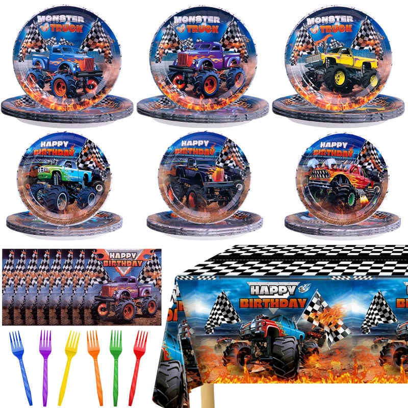Wakeys Monster Truck Birthday Decorations Kit - 97 Pcs Machines Jam Party Supplies for Boys Serves 24 Guests, Including Plates, Napkins, Forks & Tablecloth - Perfect for Monster Truck Themed Decor - Image 1