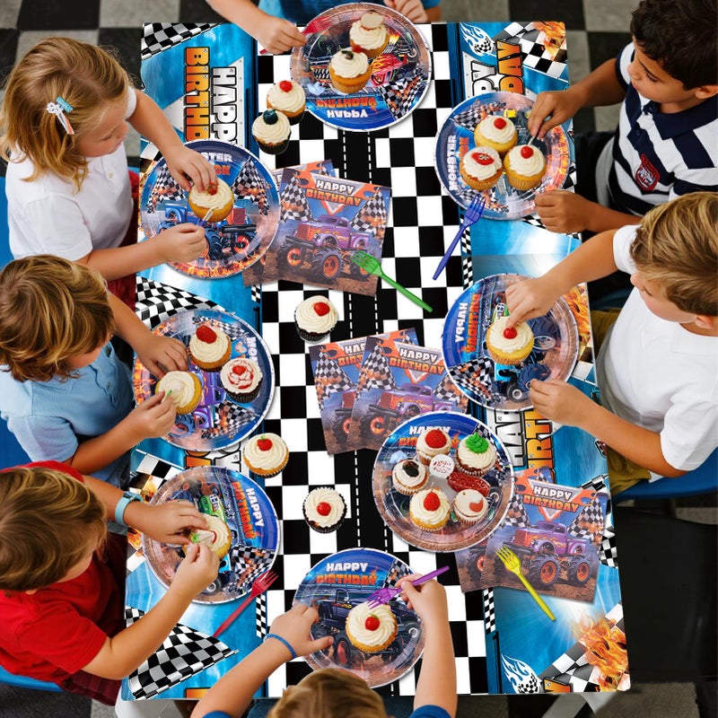 Wakeys Monster Truck Birthday Decorations Kit - 97 Pcs Machines Jam Party Supplies for Boys Serves 24 Guests, Including Plates, Napkins, Forks & Tablecloth - Perfect for Monster Truck Themed Decor - Image 4