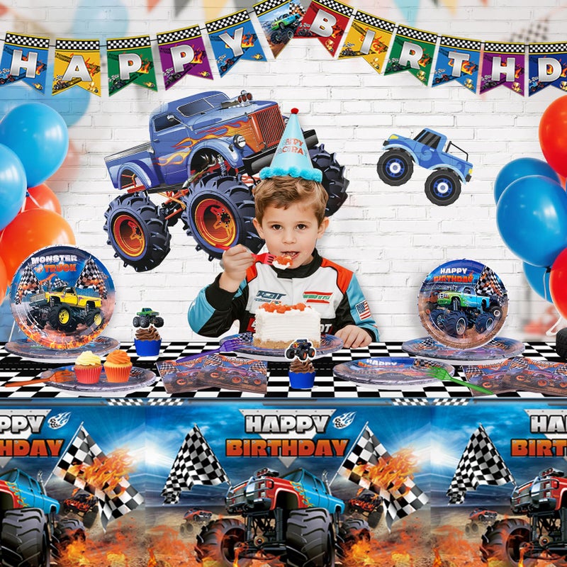 Wakeys Monster Truck Birthday Decorations Kit - 97 Pcs Machines Jam Party Supplies for Boys Serves 24 Guests, Including Plates, Napkins, Forks & Tablecloth - Perfect for Monster Truck Themed Decor - Image 5