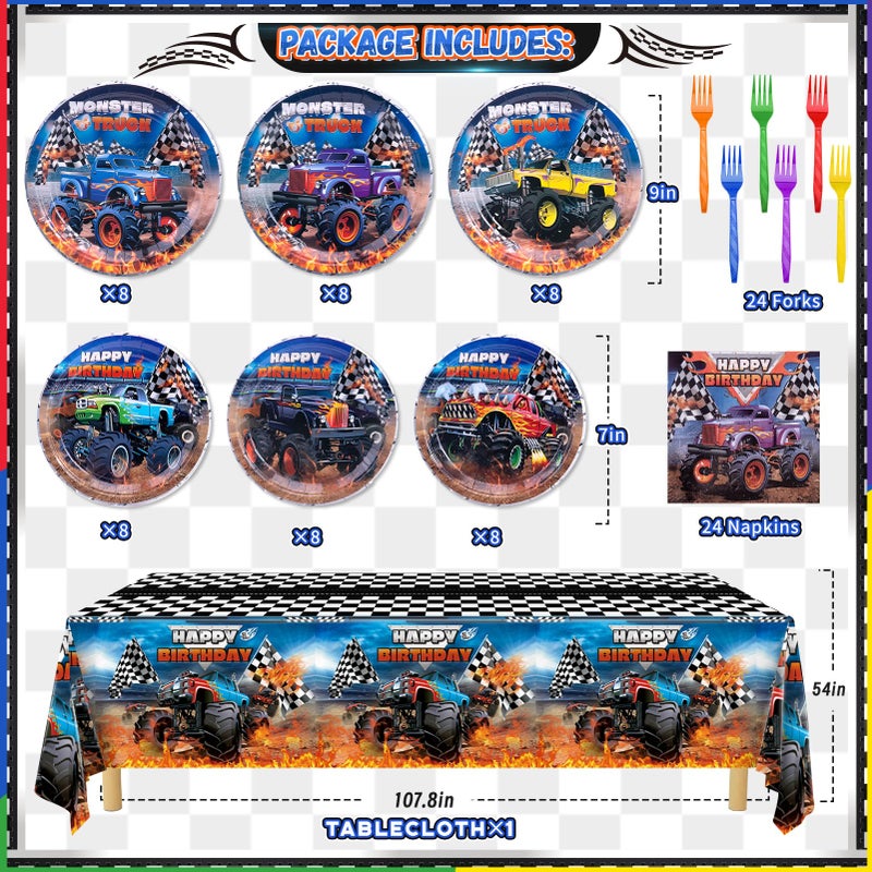 Wakeys Monster Truck Birthday Decorations Kit - 97 Pcs Machines Jam Party Supplies for Boys Serves 24 Guests, Including Plates, Napkins, Forks & Tablecloth - Perfect for Monster Truck Themed Decor - Image 2