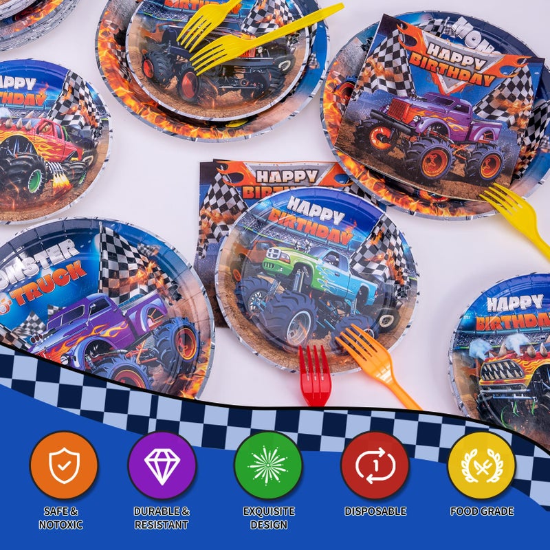 Wakeys Monster Truck Birthday Decorations Kit - 97 Pcs Machines Jam Party Supplies for Boys Serves 24 Guests, Including Plates, Napkins, Forks & Tablecloth - Perfect for Monster Truck Themed Decor - Image 3
