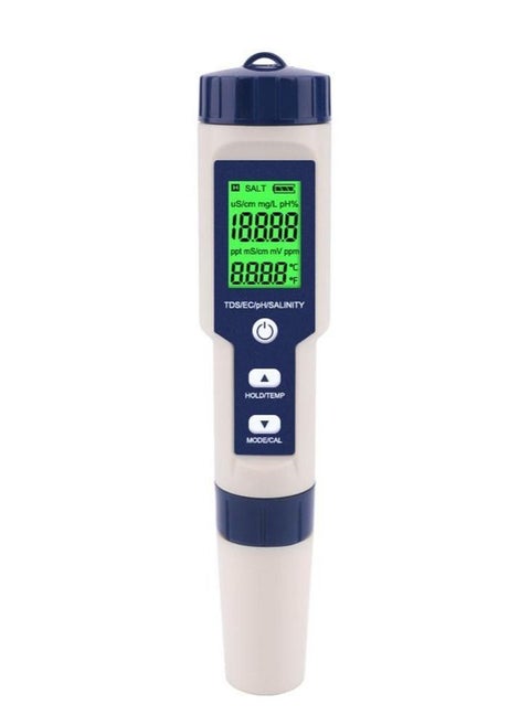 جهاز قياس جودة المياه الرقمي 5 في 1 لقياس TDS/EC/pH/الملوحة/درجة الحرارة، مناسب لحمامات السباحة والمياه الشرب والأحواض السمكية