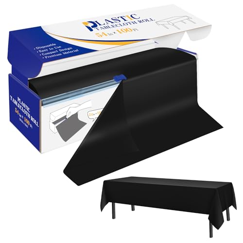 YSYJ Plastic Table Cover Roll Black Disposable Table Cloth 54 in x 100 Ft Plastic Table Cloths with Slide Cutter Table Cover for Parties