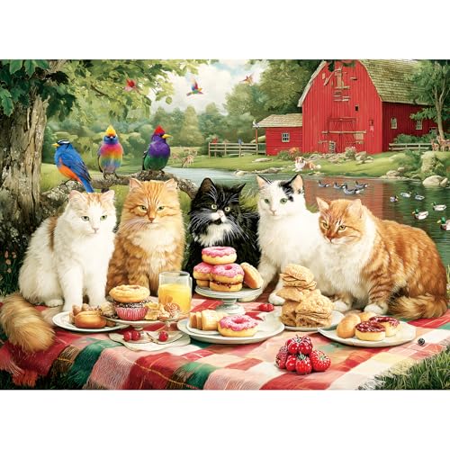 EIYRURU 300 Piece Puzzles for Adults Spring 300 Piece Puzzles for Adults Large Piece Cats Having Picnic Jigsaw Puzzle Funny Gift for Adult Kids Challenging Family Games Toy 205 X 15 in - Image 1