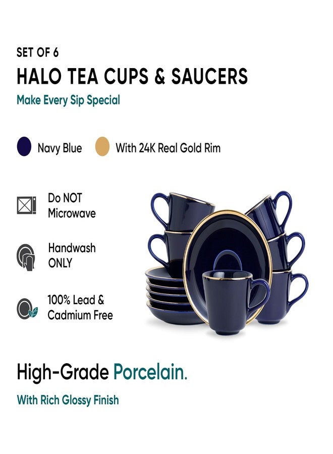 Shay طقم شاي شاي من السيراميك، 6 قطع، أزرق بخط ذهبي حقيقي، 180 مل | طقم أكواب من 6 قطع للشاي | لمسة نهائية لامعة (الكوب والصحن - أزرق بخط ذهبي) - Image 2