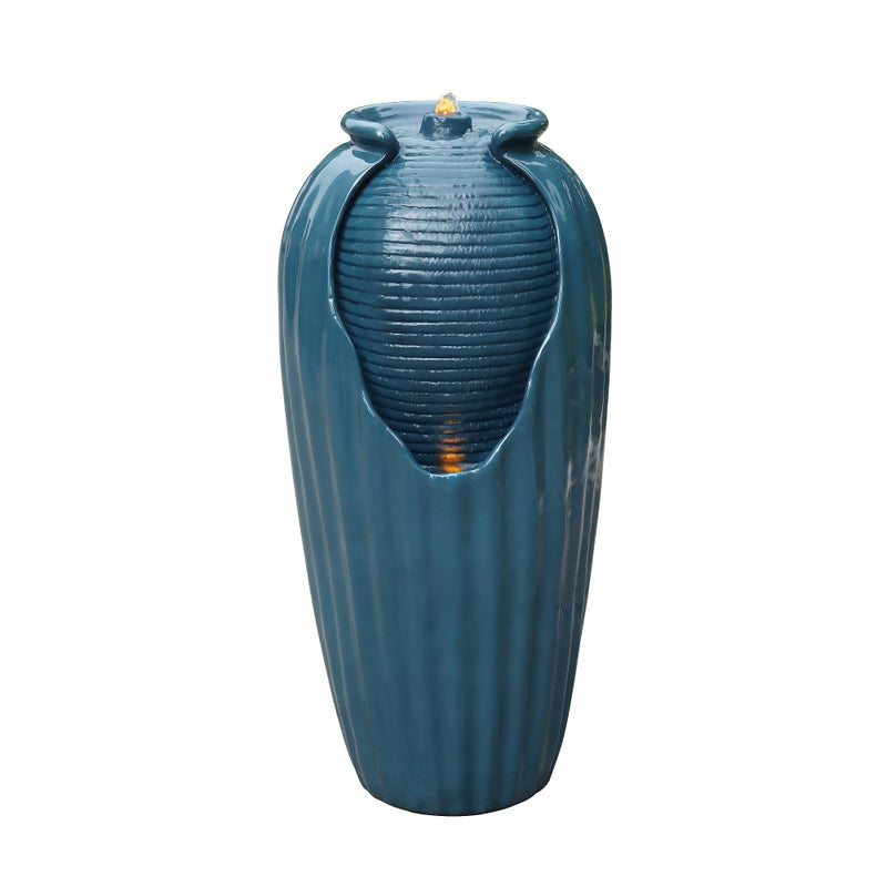 Teamson Home Teamson Home 32 in Outdoor Contemporary Glazed Contoured Vase Water Fountain with LED Lights to Create a Calming Oasis in Gardens and Landscaping on Patios Balconies Lawns Teal Blue 