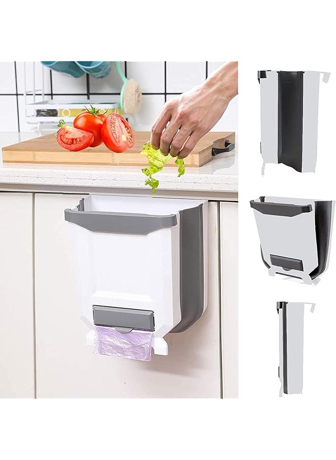 X spring Hanging Kitchen Trash Can 9L Plastic Collapsible Trash Can With A Pack Garbage Bag Foldable Simple Garbage Can With Garbage Bag Storage For Cabinet Kitchen Bedroom Bathroom White  - Image 1