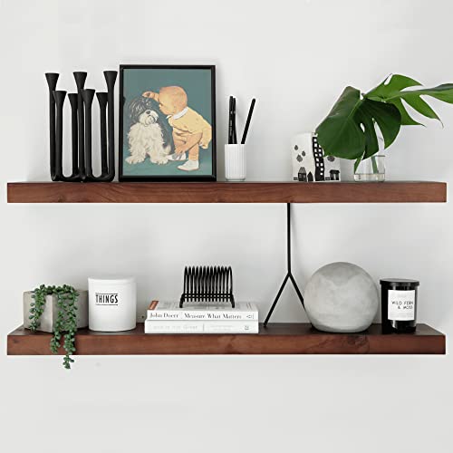 Homeforia Homeforia Rustic Farmhouse Floating Shelves  Bathroom Wooden Shelves for Wall Mounted  Thick Industrial Kitchen Wood Shelf  36 x 65 x 175 inch  Set of 2  American Walnut Color 