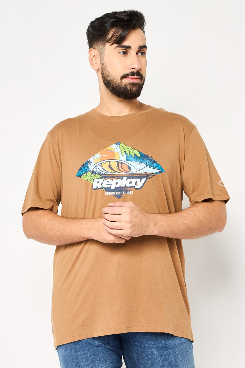 Replay Men Crew Neck Short Sleeve Graphic Print T-Shirt, Tan - Image 1