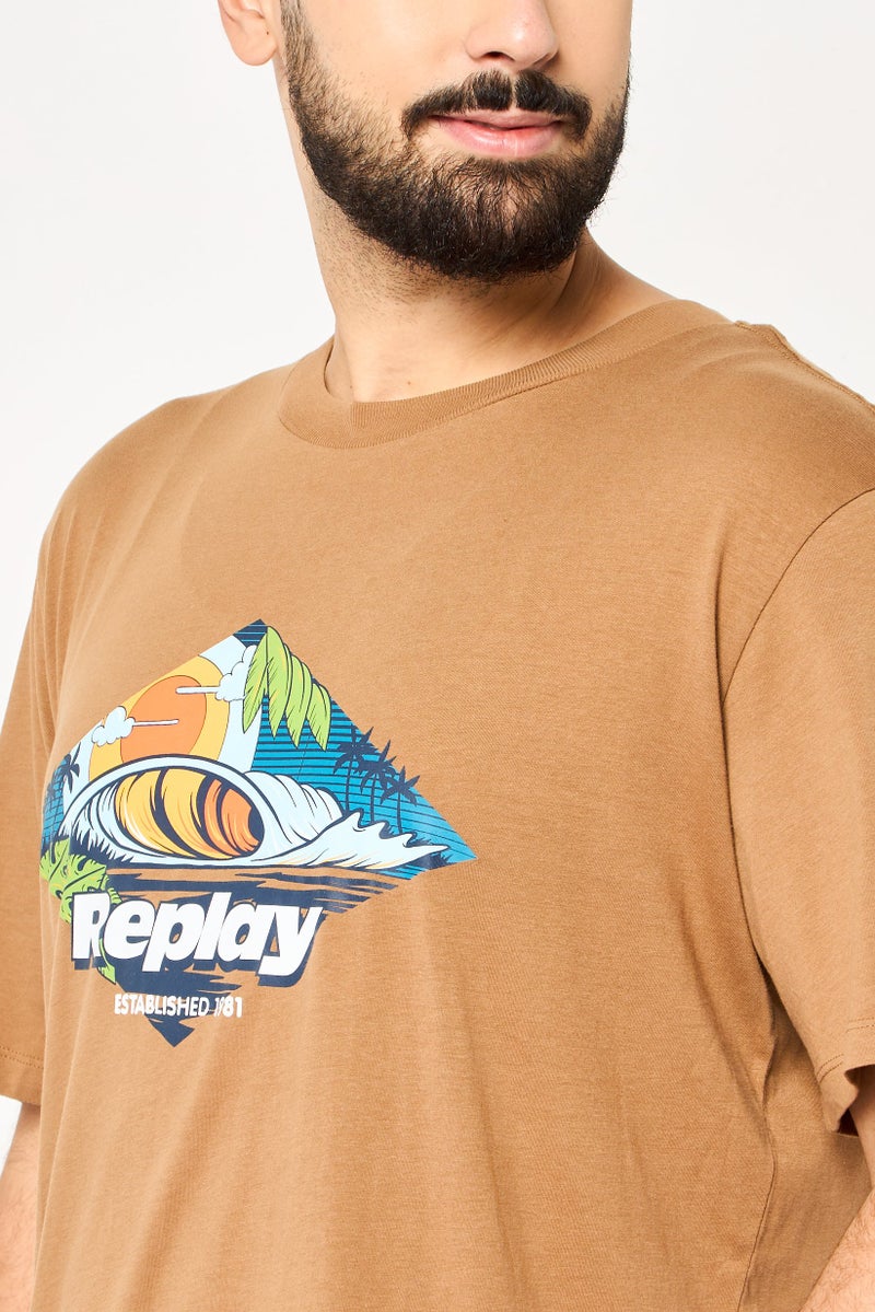 Replay Men Crew Neck Short Sleeve Graphic Print T-Shirt, Tan - Image 3