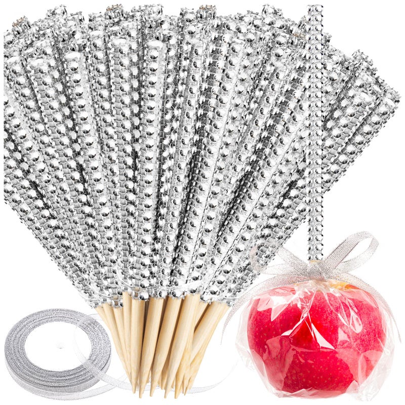 ZHBDMGK Silver Candy Apple Sticks 26Pcs Bling Caramel Apple Wooden Pointed Skewers Fruit Treats Cake Pop Decorative Sticks with Glass Bag Glitter Ribbons Tie for Party Supplies