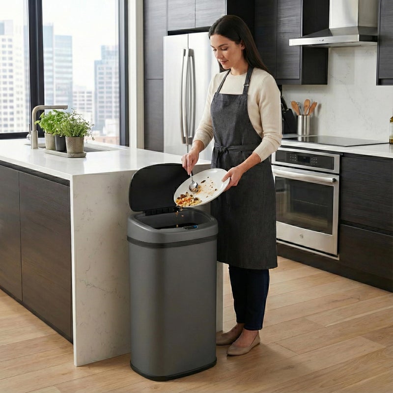 iTouchless 13 Gallon Oval Smart Bin with Odor Filter, 50L Touchless Stainless Steel Kitchen Trash Can, Automatic Motion Lid, Fingerprint-Proof, Executive Dark Metallic Finish, Gunmetal Gray - Image 2