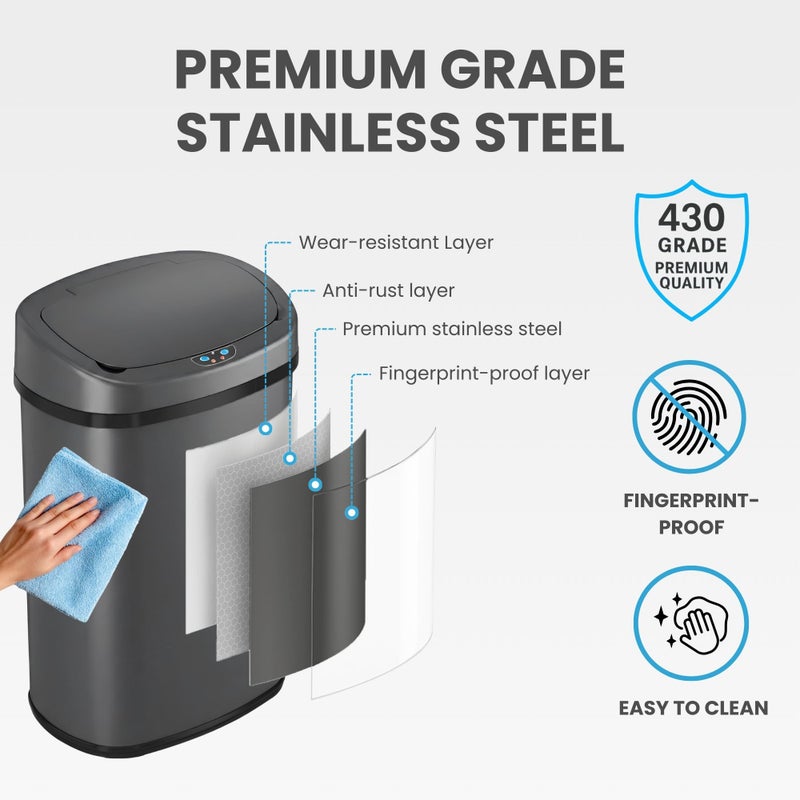 iTouchless 13 Gallon Oval Smart Bin with Odor Filter, 50L Touchless Stainless Steel Kitchen Trash Can, Automatic Motion Lid, Fingerprint-Proof, Executive Dark Metallic Finish, Gunmetal Gray - Image 5