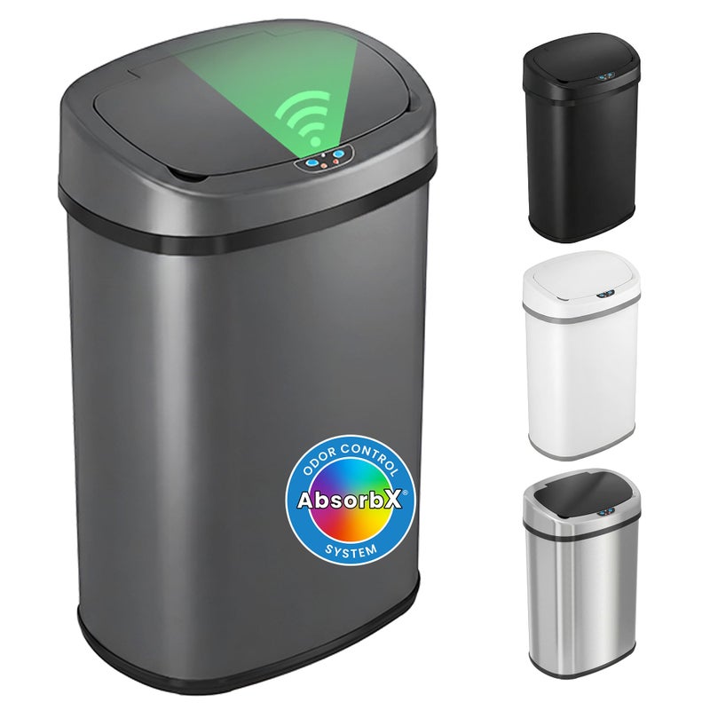 iTouchless 13 Gallon Oval Smart Bin with Odor Filter, 50L Touchless Stainless Steel Kitchen Trash Can, Automatic Motion Lid, Fingerprint-Proof, Executive Dark Metallic Finish, Gunmetal Gray - Image 1