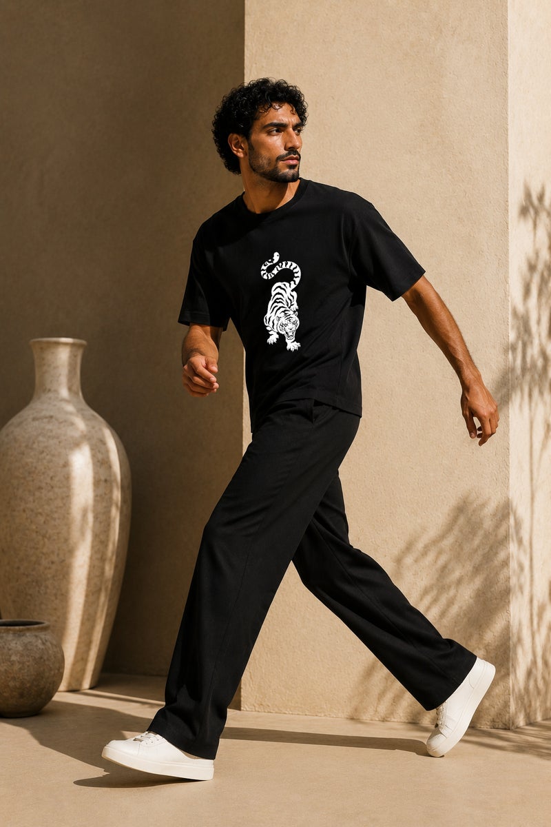 Men's Oversized Black Tiger Graphic T-Shirt Casual Short Sleeve Crew Neck Streetwear Tee - Image 3