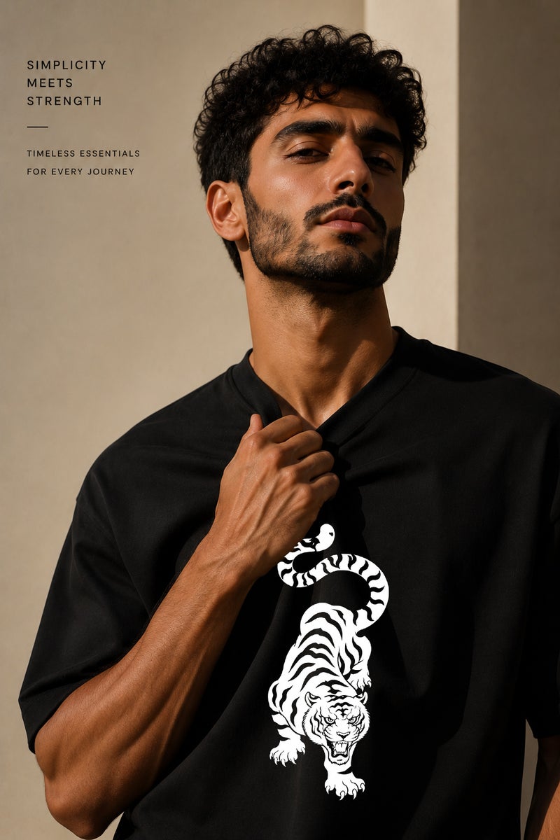 Men's Oversized Black Tiger Graphic T-Shirt Casual Short Sleeve Crew Neck Streetwear Tee - Image 5