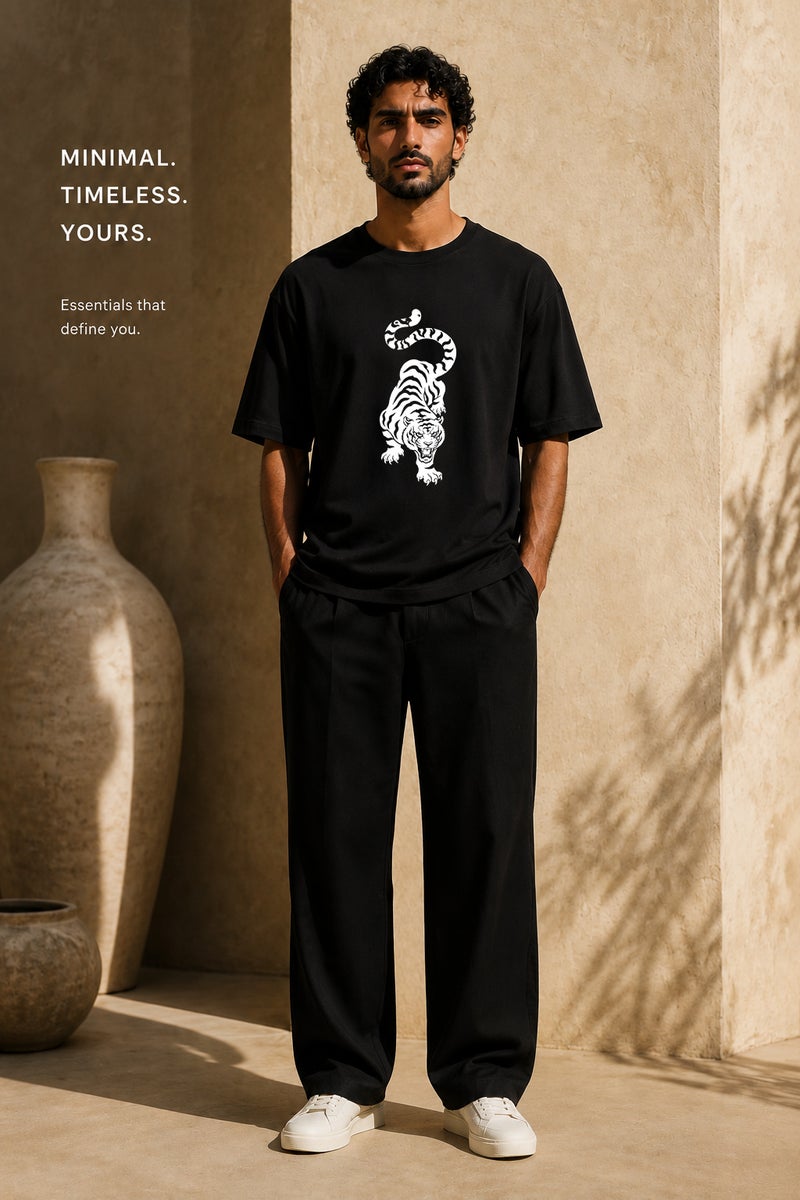 Men's Oversized Black Tiger Graphic T-Shirt Casual Short Sleeve Crew Neck Streetwear Tee - Image 2